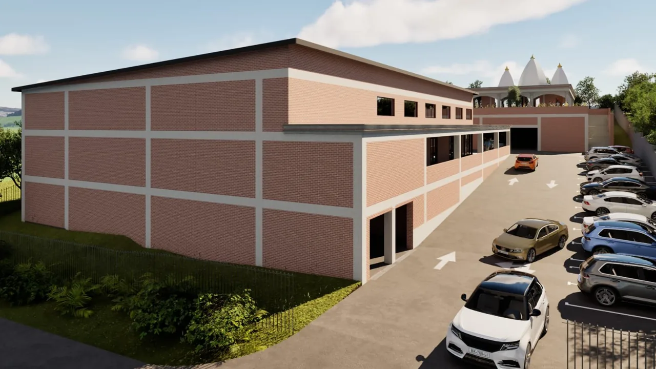 Architectural rendering of the proposed hall exterior and parking area